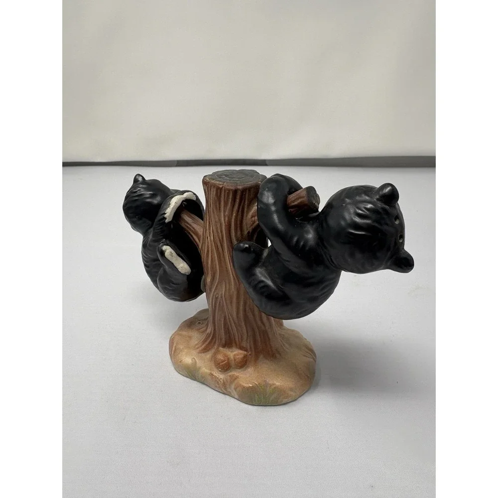 Vintage Japan Ceramic Black White Bear Cubs Hanging Tree Salt Pepper Shakers MCM